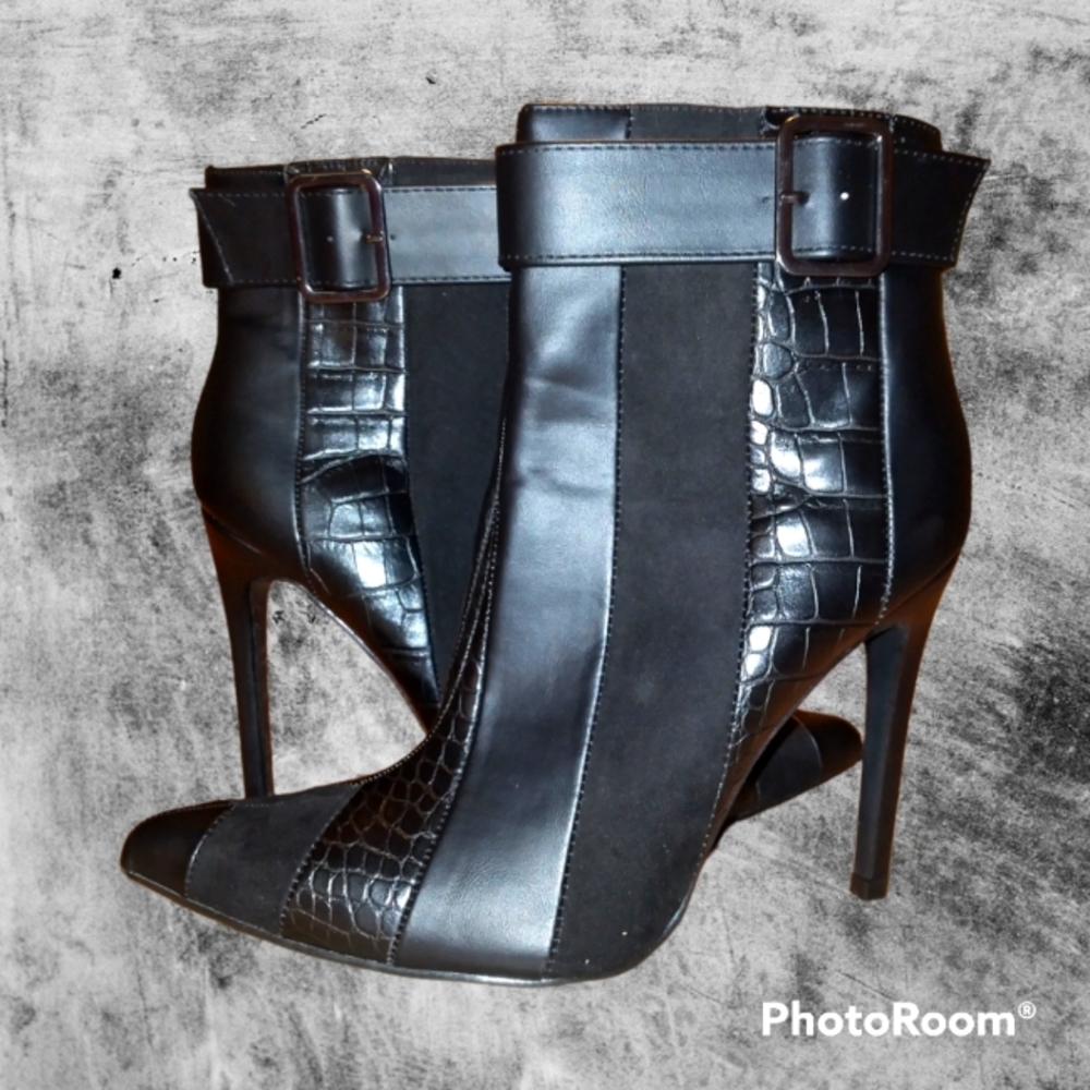 Black Patchwork Heeled Ankle Boots